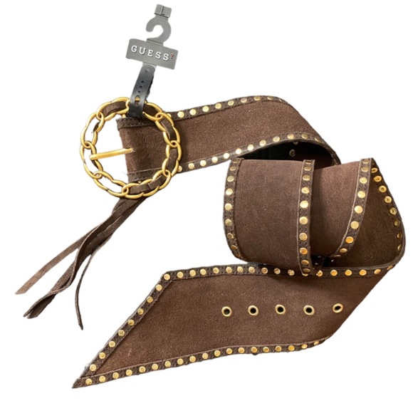 Brown Jeans Belt Women Studded Suede Studded Rodeo Western Cowgirl Large Gold - Picture 3 of 15